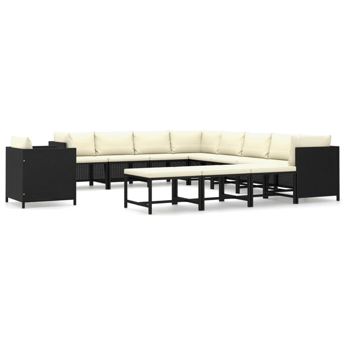 Set mobilier de grădină cu perne, 12 piese, negru, poliratan WALTI