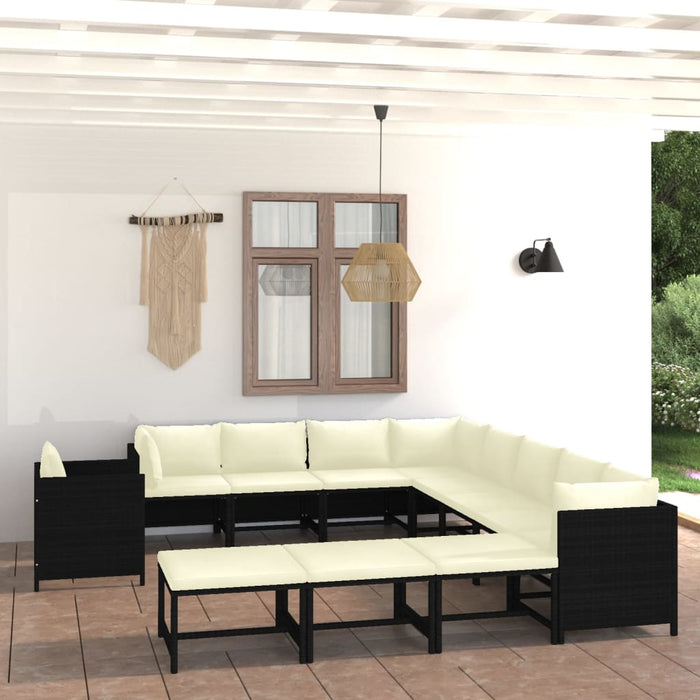 Set mobilier de grădină cu perne, 12 piese, negru, poliratan WALTI