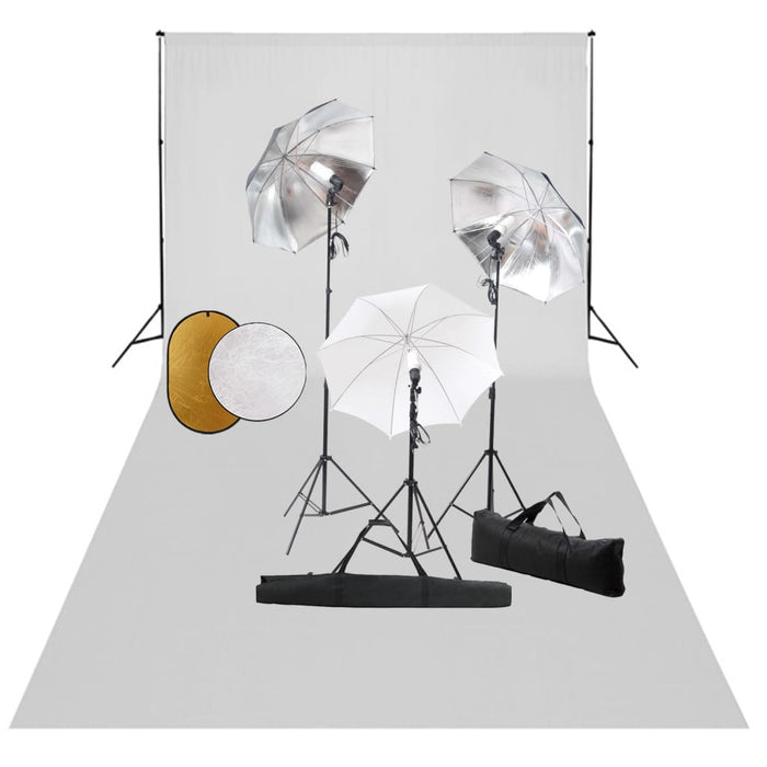 Set studio foto cu lămpi, umbrele, fundal și reflector WALTI