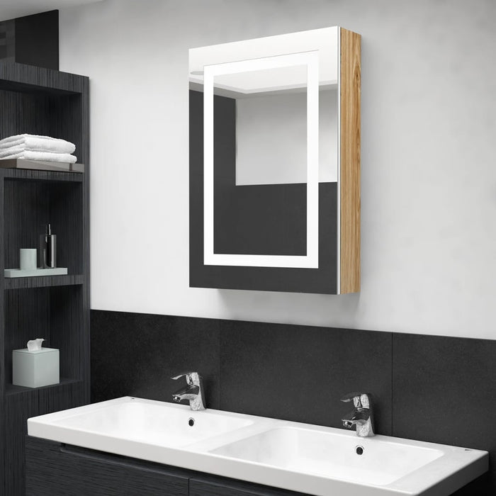 Dulap de baie cu oglindă și LED, alb și stejar, 50x13x70 cm - WALTI WALTI