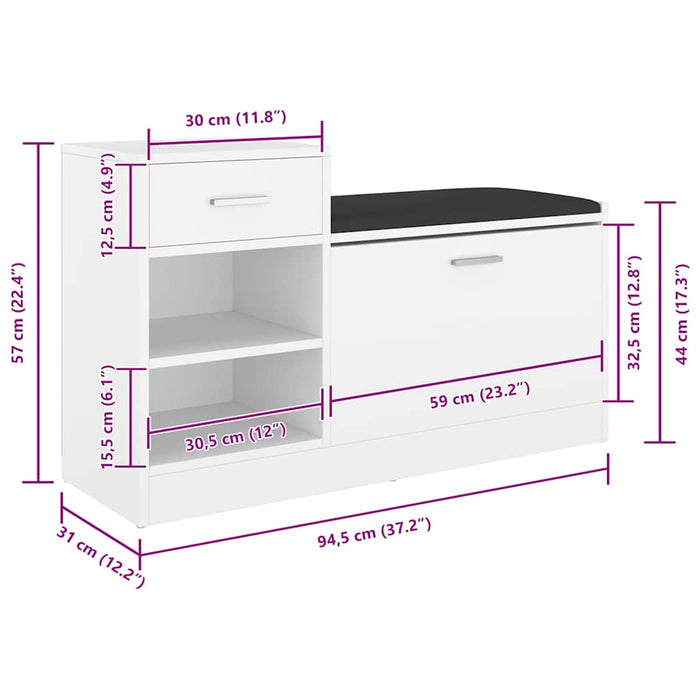 Banchetă pantofar, alb, 94,5x31x57 cm, lemn prelucrat WALTI