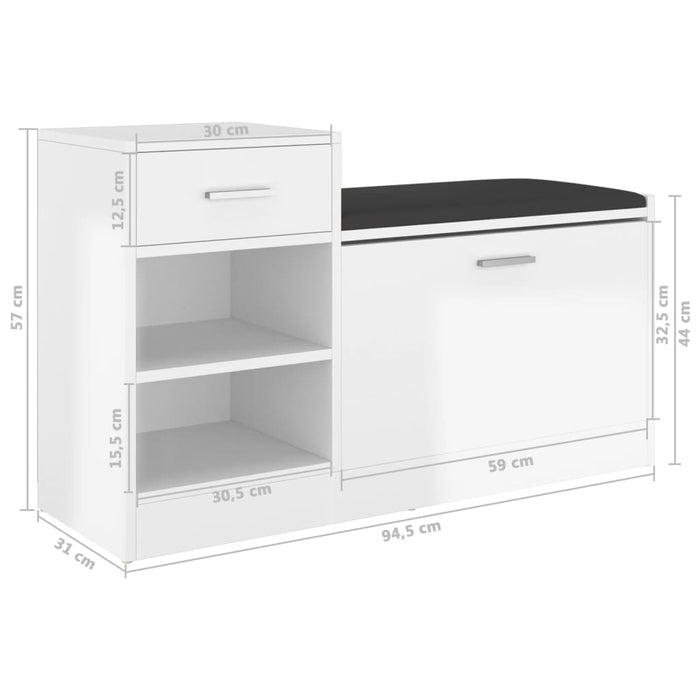 Banchetă pantofar alb extralucios 94,5x31x57cm lemn prelucrat WALTI