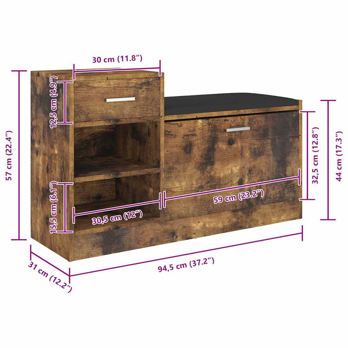 Banchetă pantofar, stejar afumat, 94,5x31x57 cm, lemn prelucrat WALTI