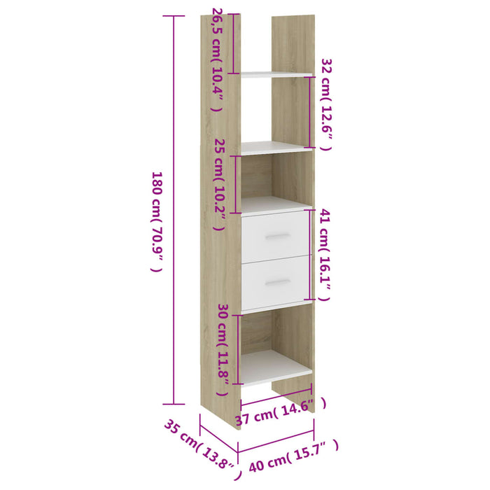 Bibliotecă, alb și stejar Sonoma, 40x35x180 cm, lemn prelucrat - WALTI WALTI