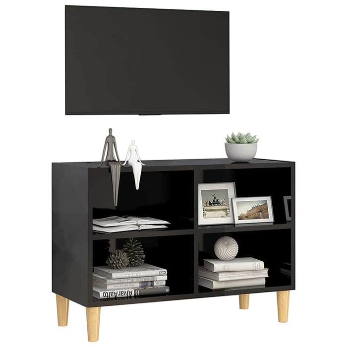 Comodă TV, picioare lemn masiv, negru extralucios 69,5x30x50 cm WALTI
