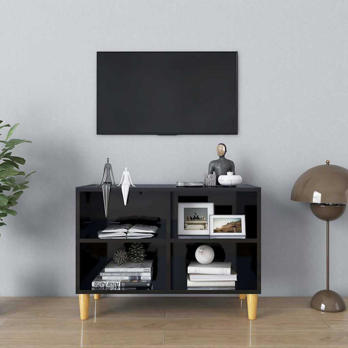 Comodă TV, picioare lemn masiv, negru extralucios 69,5x30x50 cm WALTI