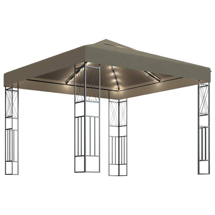 Pavilion cu șiruri de lumini LED, gri taupe, 3x3 m, țesătură WALTI