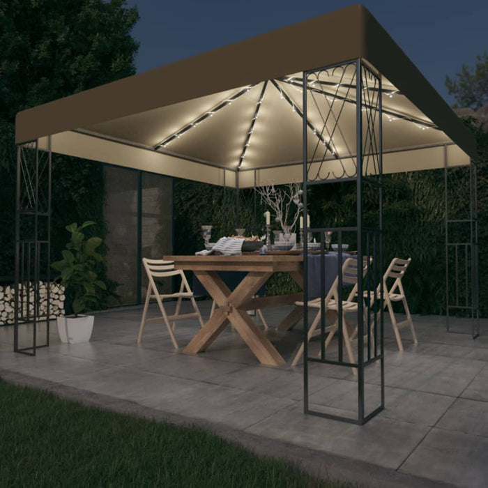 Pavilion cu șiruri de lumini LED, gri taupe, 3x3 m, țesătură WALTI