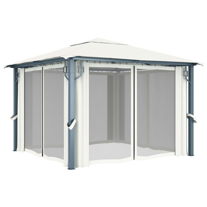 Pavilion cu perdele & șiruri lumini LED, crem, 3x3 m, aluminiu - WALTI WALTI