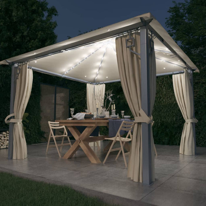 Pavilion cu perdele & șiruri lumini LED, crem, 3x3 m, aluminiu - WALTI WALTI