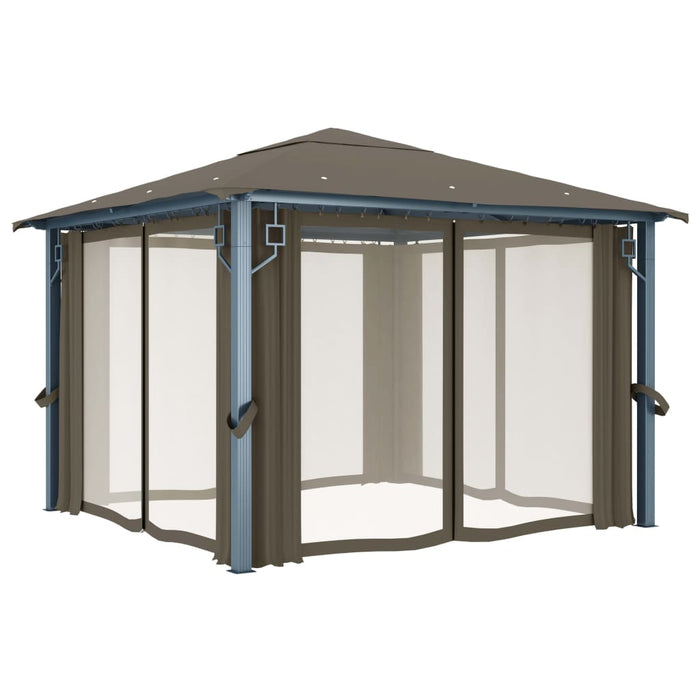 Pavilion cu perdele&șiruri lumini LED gri taupe 3x3 m aluminiu - WALTI WALTI