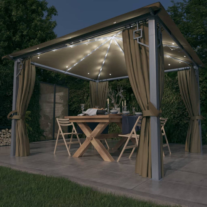 Pavilion cu perdele&șiruri lumini LED gri taupe 3x3 m aluminiu - WALTI WALTI