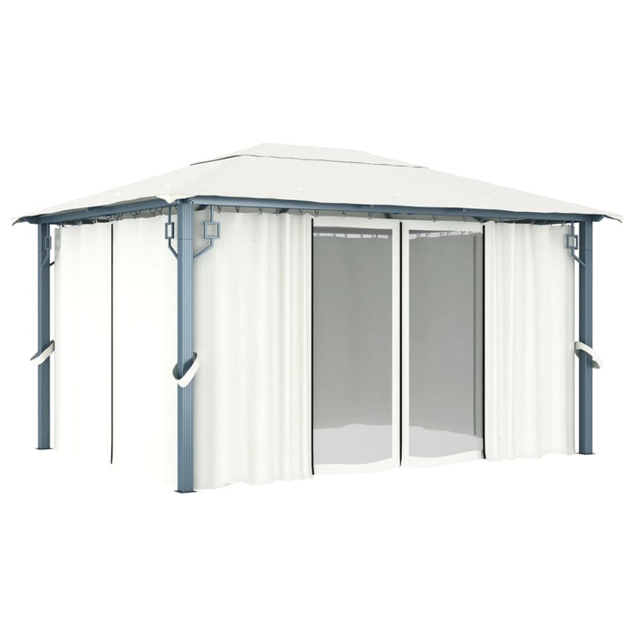 Pavilion cu perdele & șiruri lumini LED, crem, 4x3 m, aluminiu - WALTI WALTI