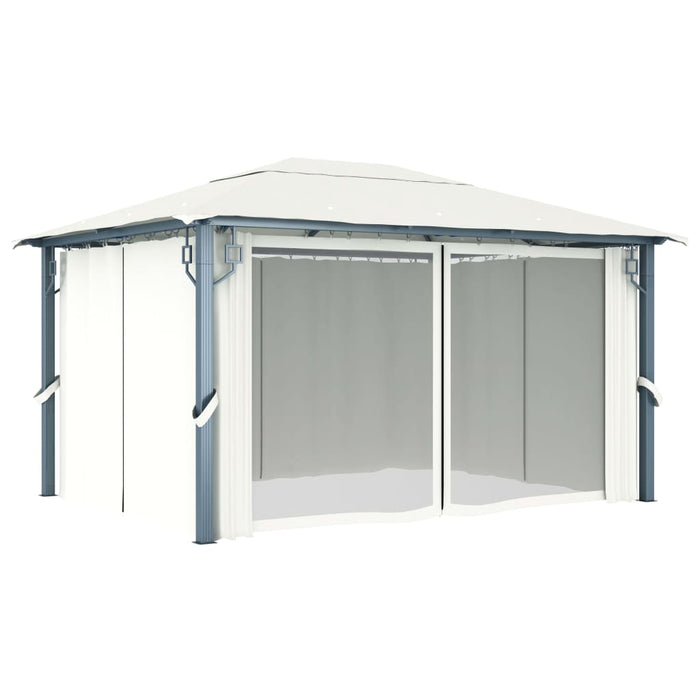 Pavilion cu perdele & șiruri lumini LED, crem, 4x3 m, aluminiu - WALTI WALTI