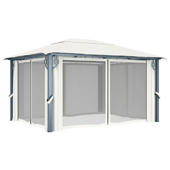 Pavilion cu perdele & șiruri lumini LED, crem, 4x3 m, aluminiu - WALTI WALTI