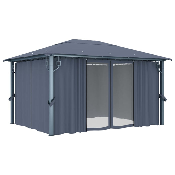 Pavilion cu perdele & șiruri lumini LED antracit 4x3m aluminiu - WALTI WALTI