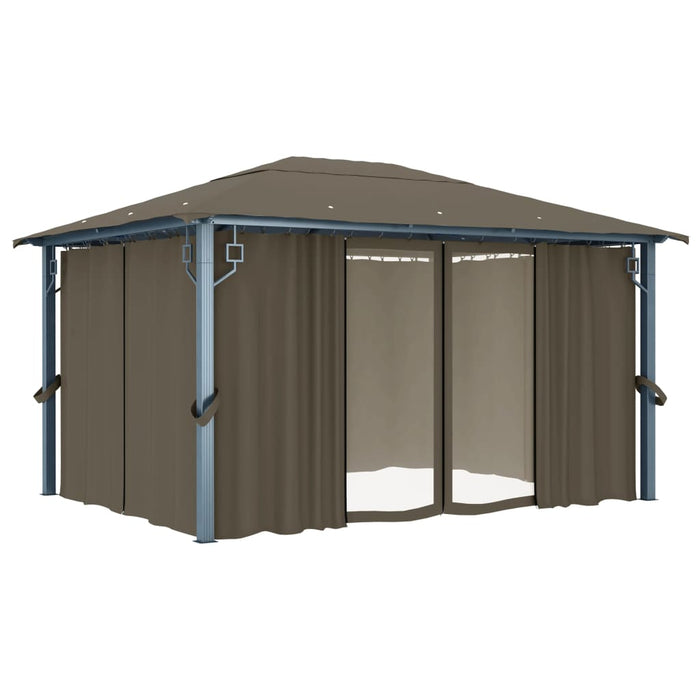 Pavilion cu perdele&șiruri lumini LED gri taupe 4x3m aluminiu - WALTI WALTI