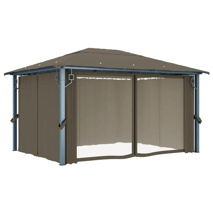 Pavilion cu perdele&șiruri lumini LED gri taupe 4x3m aluminiu - WALTI WALTI