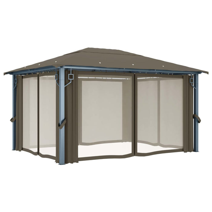 Pavilion cu perdele&șiruri lumini LED gri taupe 4x3m aluminiu - WALTI WALTI