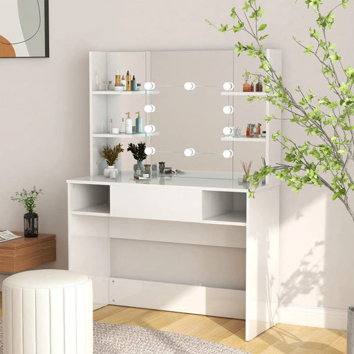 Masă de machiaj cu lumini LED, alb lucios, 100x40x135 cm, MDF - WALTI WALTI