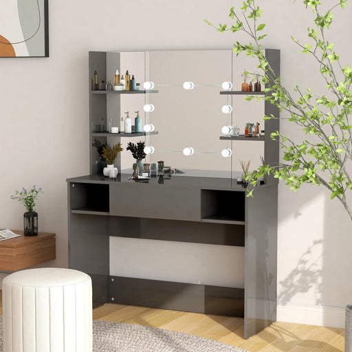 Masă de machiaj cu lumini LED, gri lucios, 100x40x135 cm, MDF - WALTI WALTI