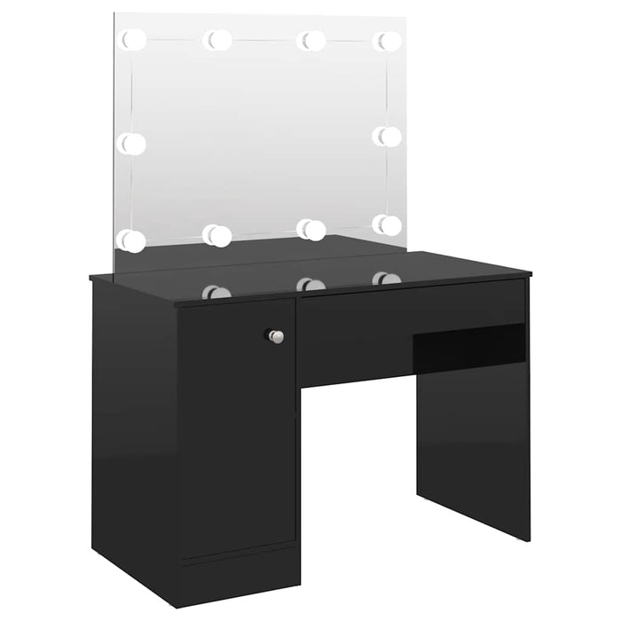 Masă de machiaj cu lumini LED, negru lucios, 110x55x145 cm, MDF WALTI