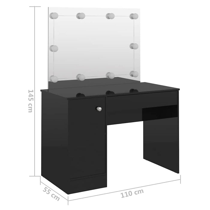 Masă de machiaj cu lumini LED, negru lucios, 110x55x145 cm, MDF WALTI