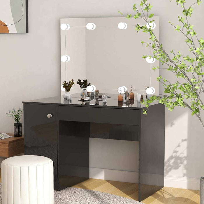 Masă de machiaj cu lumini LED, negru lucios, 110x55x145 cm, MDF WALTI
