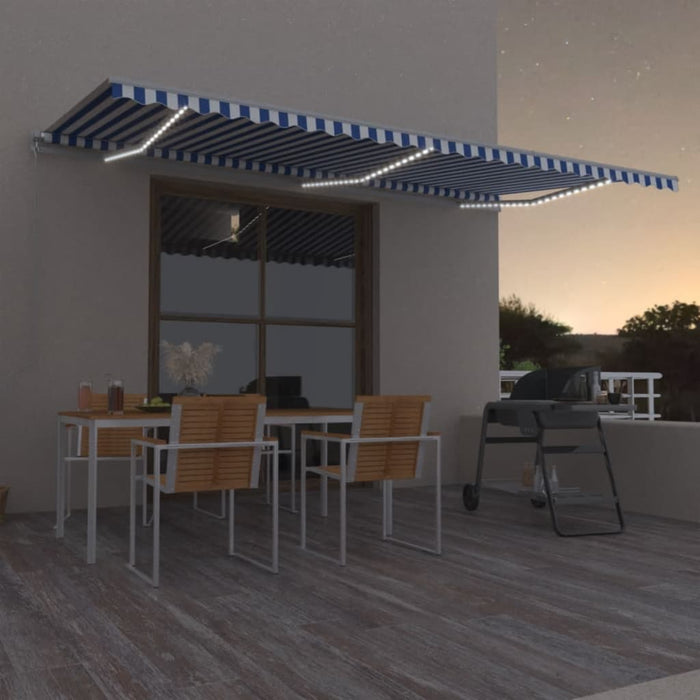 Copertină retractabilă manual LED, albastru și alb, 600x350 cm WALTI