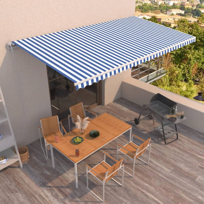Copertină retractabilă automat, albastru și alb, 600x350 cm WALTI