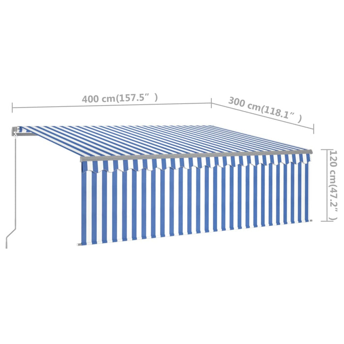 Copertină retractabilă manual cu stor&LED, albastru&alb, 4x3 m WALTI