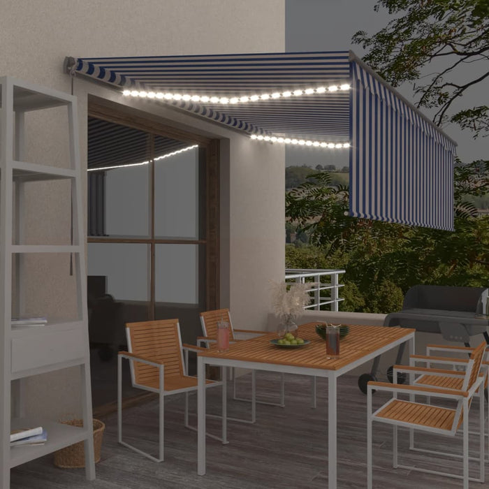 Copertină retractabilă manual cu stor&LED, albastru&alb, 4x3 m WALTI