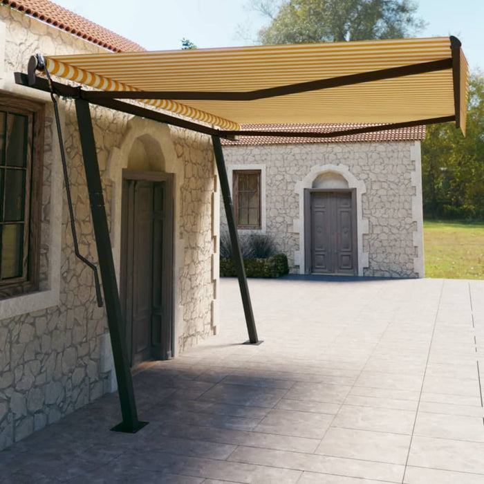 Copertină retractabilă manual, cu stâlpi, galben & alb, 4,5x3 m WALTI