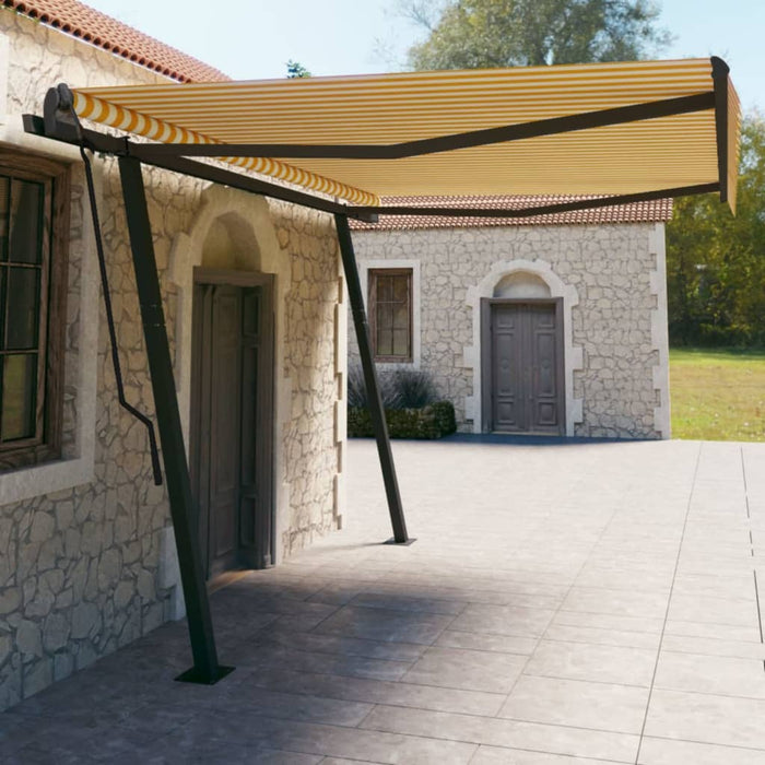 Copertină retractabilă automat, cu stâlpi, galben/alb, 4,5x3 m WALTI