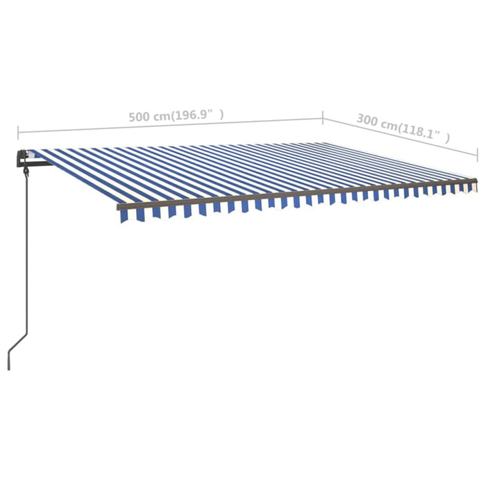 Copertină retractabilă manual, cu stâlpi, albastru & alb, 5x3 m WALTI