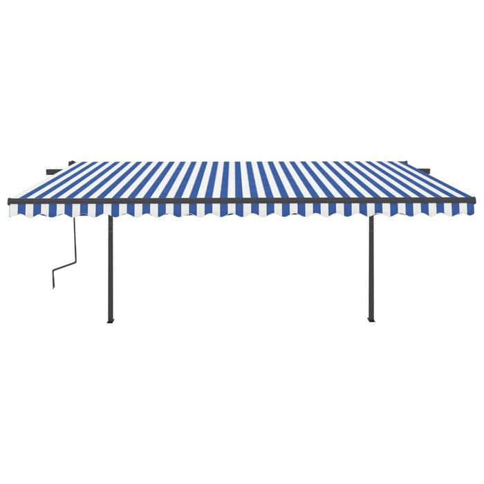 Copertină retractabilă automat, cu stâlpi, albastru/alb 5x3,5 m WALTI