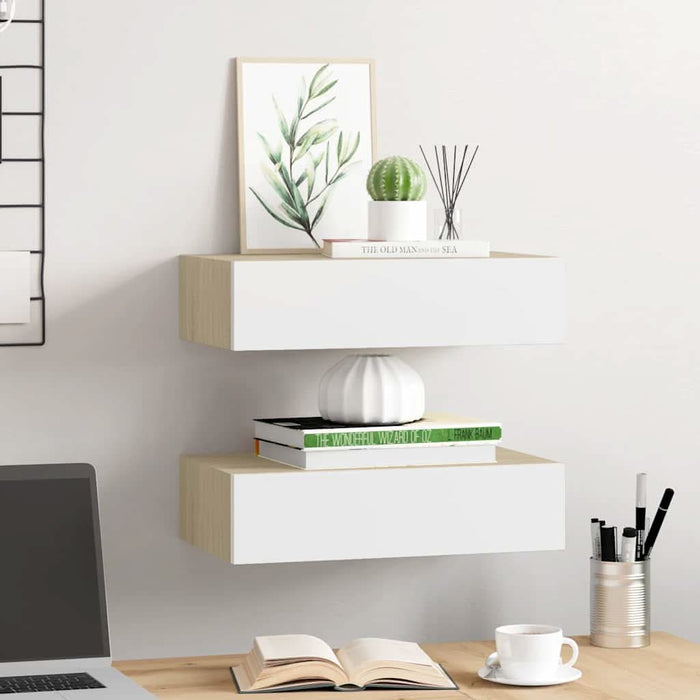 Dulapuri de perete cu sertar 2 buc stejar/alb 40x23,5x10 cm MDF - WALTI WALTI