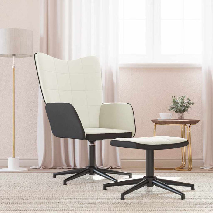 Scaun de relaxare cu taburet, alb crem, catifea și PVC WALTI