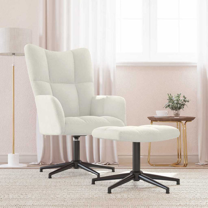 Scaun de relaxare cu taburet, alb crem, catifea WALTI