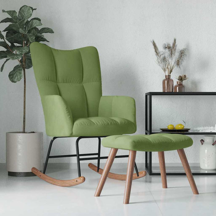 Scaun balansoar cu taburet, verde deschis, catifea WALTI