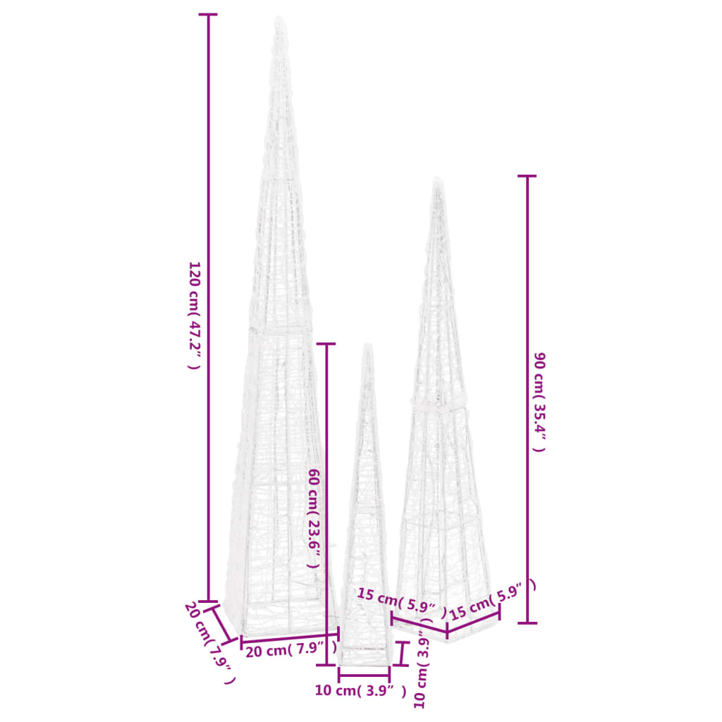 Set conuri decorative cu LED-uri, alb cald, 60/90/120 cm, acril - WALTI