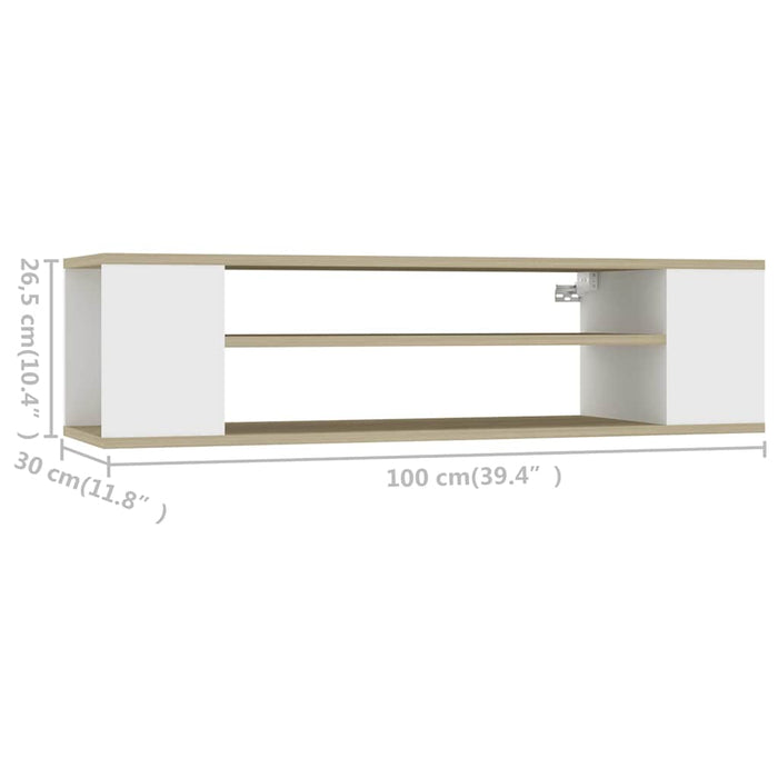 Dulap TV suspendat, alb și stejar Sonoma, 100x30x26,5 cm, PAL WALTI