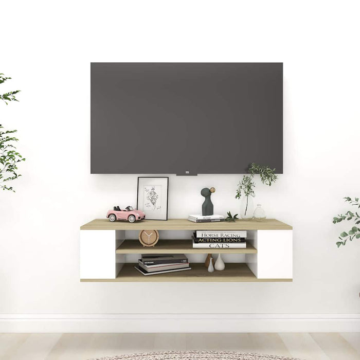 Dulap TV suspendat, alb și stejar Sonoma, 100x30x26,5 cm, PAL WALTI