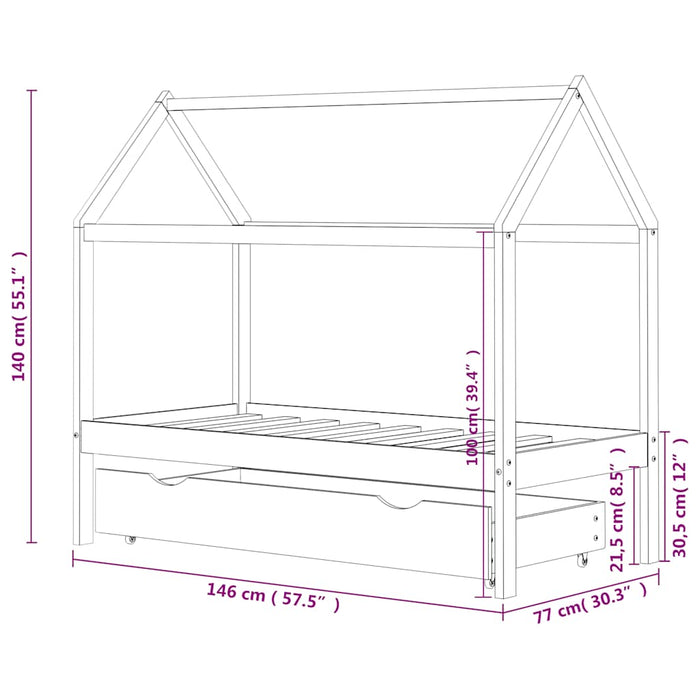 Cadru pat copii cu un sertar, alb, 70x140 cm, lemn masiv de pin - WALTI WALTI