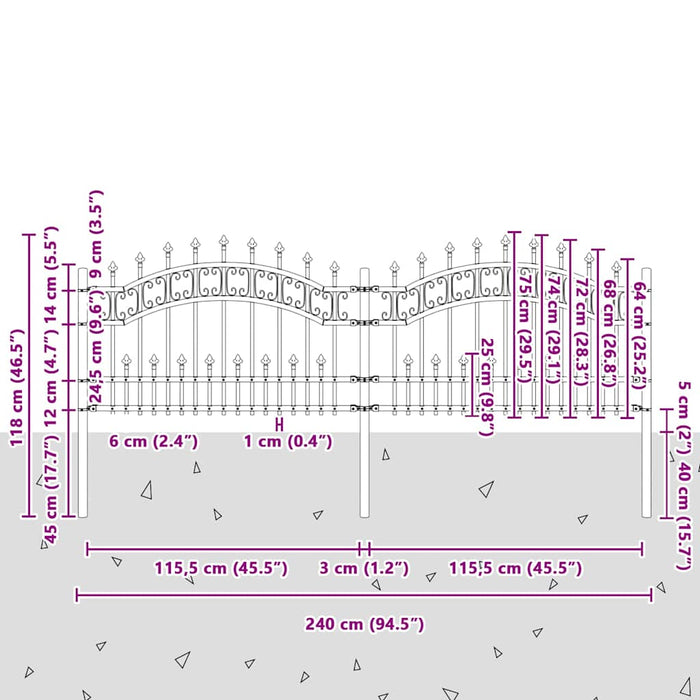 Gard de grădină cu vârf tip suliță, negru, 240x75 cm, oțel vopsit în câmp electrostatic WALTI