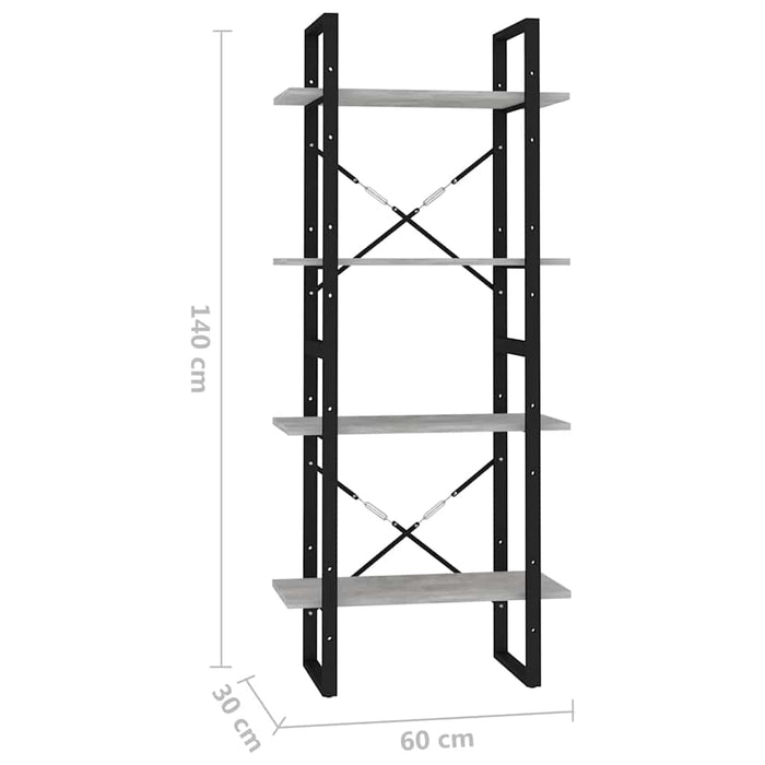 Bibliotecă cu 4 rafturi, gri beton, 60x30x140 cm, PAL WALTI
