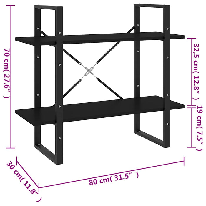 Bibliotecă cu 2 rafturi, negru, 80x30x70 cm, PAL - WALTI WALTI