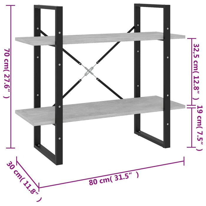 Bibliotecă cu 2 rafturi, gri beton, 80x30x70 cm, PAL - WALTI WALTI