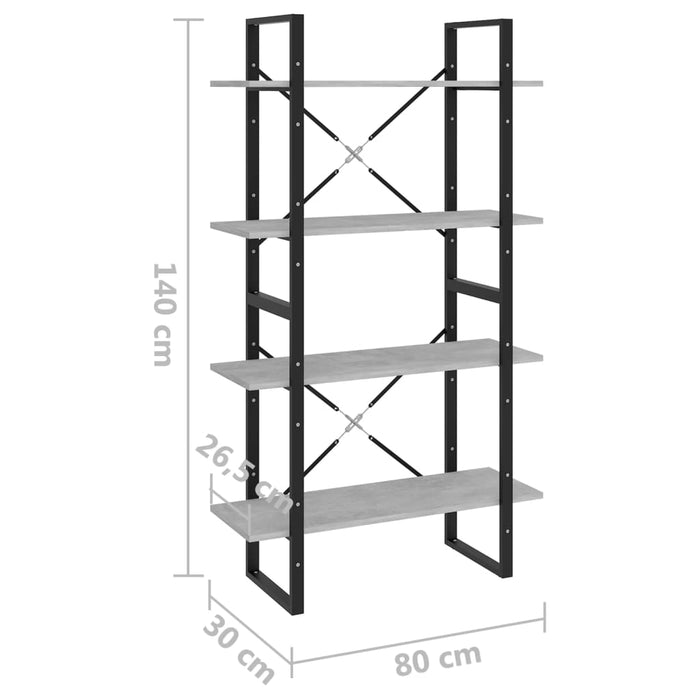 Bibliotecă cu 4 rafturi, gri beton, 80x30x140 cm, PAL - WALTI WALTI