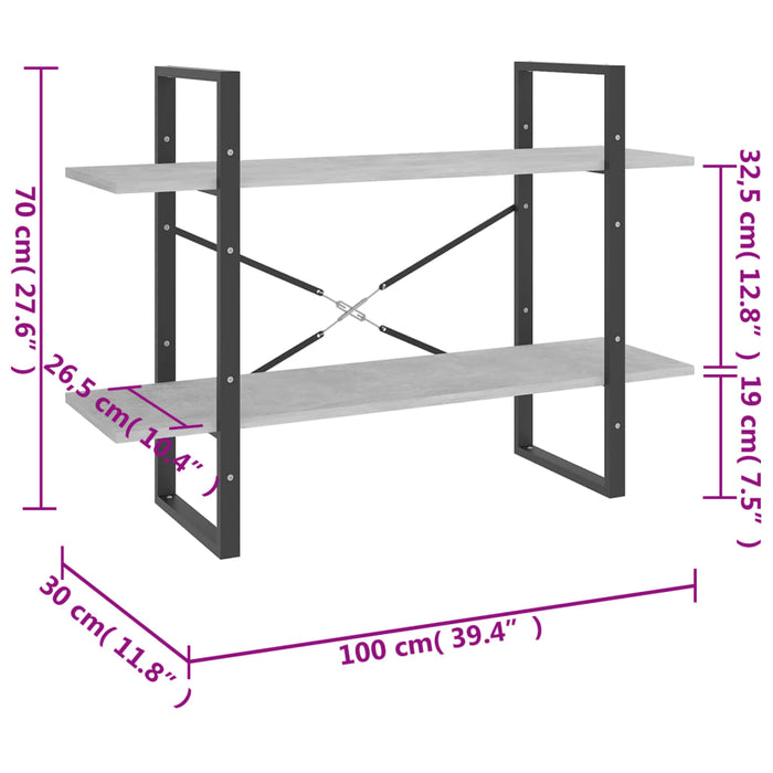 Bibliotecă cu 2 rafturi, gri beton, 100x30x70 cm, PAL - WALTI WALTI